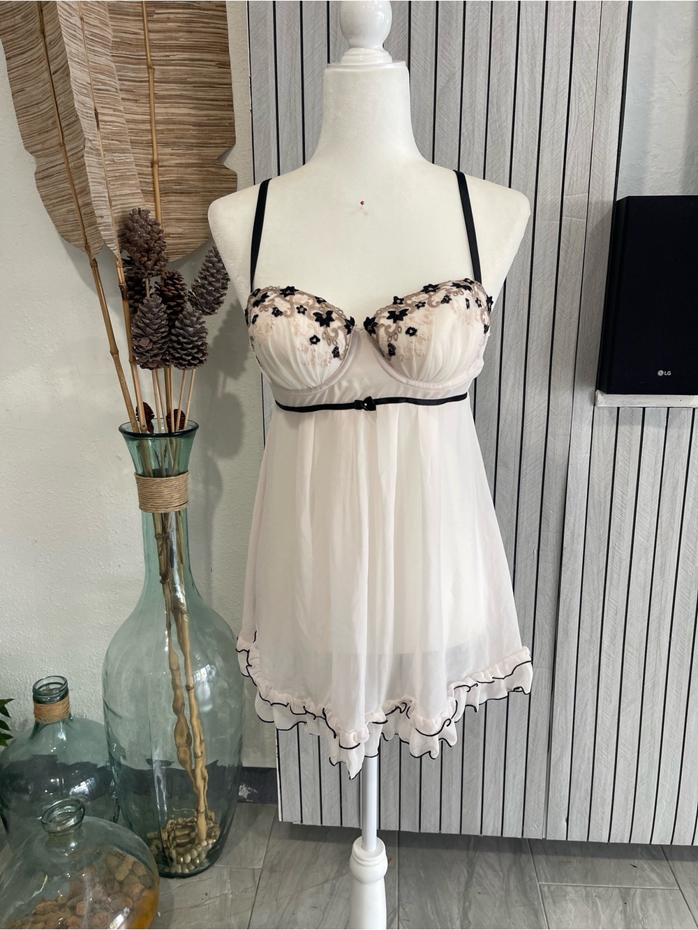 Sheer Ivory and Black Babydoll Chemise Lingerie